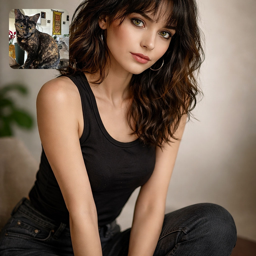 A striking tortoiseshell cat with big yellow eyes poses elegantly on a dark surface, with a cozy living room background featuring plants, framed pictures, and a decorative wall hanging. The cat's fur pattern and curious expression steal the spotlight.