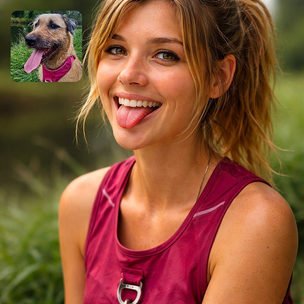 A gleeful panting dog with a giant pink tongue and muddy whiskers steals the frame — wearing a bright magenta harness, sitting in tall grass beside a calm river, looking like it just won 'best puddle splasher'. The background is leafy trees and overcast sky, making the dog the undeniable star of this outdoor portrait.