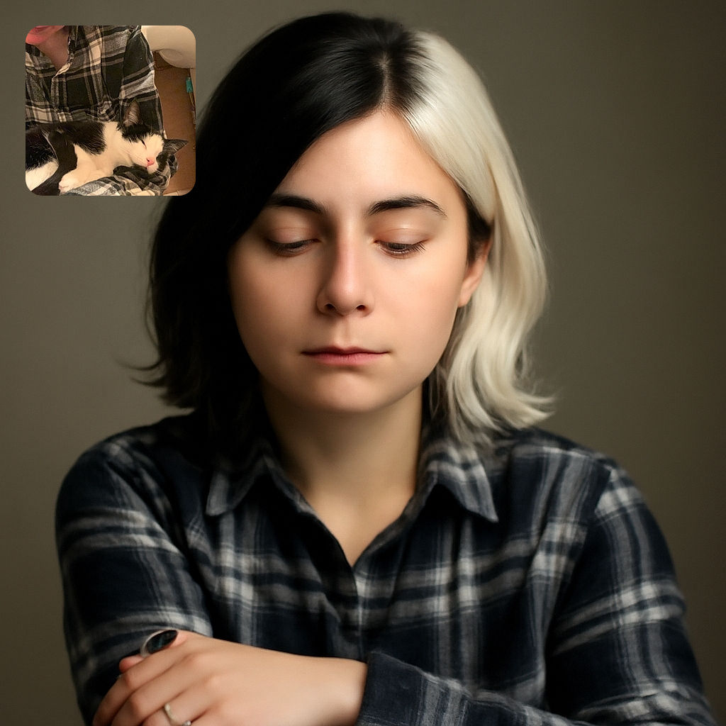 A cozy scene where a black and white cat is peacefully napping on a person's arm, who is wearing a plaid shirt. The cat looks completely relaxed, with its eyes closed and a soft pink nose, while the person smiles gently, creating a warm, comforting atmosphere.