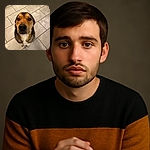 A curious dog with soulful eyes looks up at the camera with a hopeful expression, standing on a tiled floor that adds a neutral background to this heartwarming portrait.