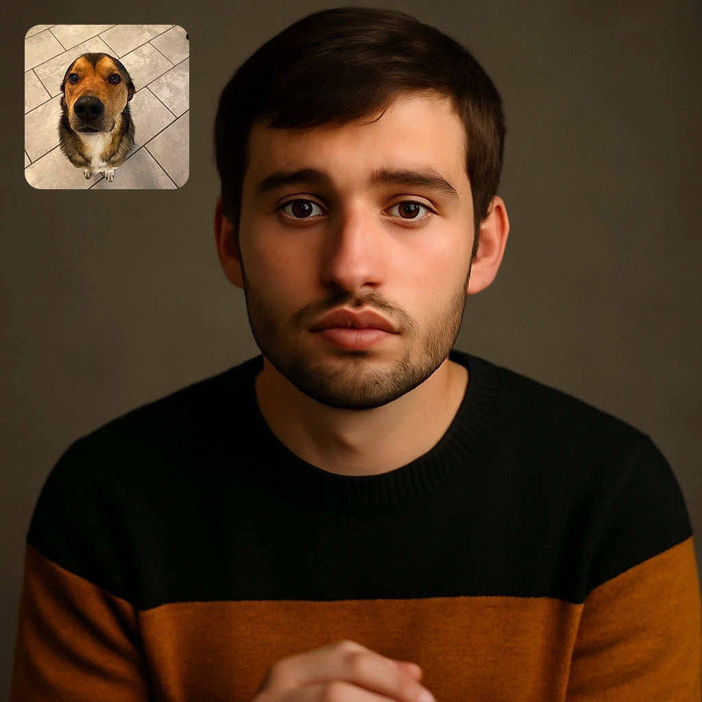 A curious dog with soulful eyes looks up at the camera with a hopeful expression, standing on a tiled floor that adds a neutral background to this heartwarming portrait.