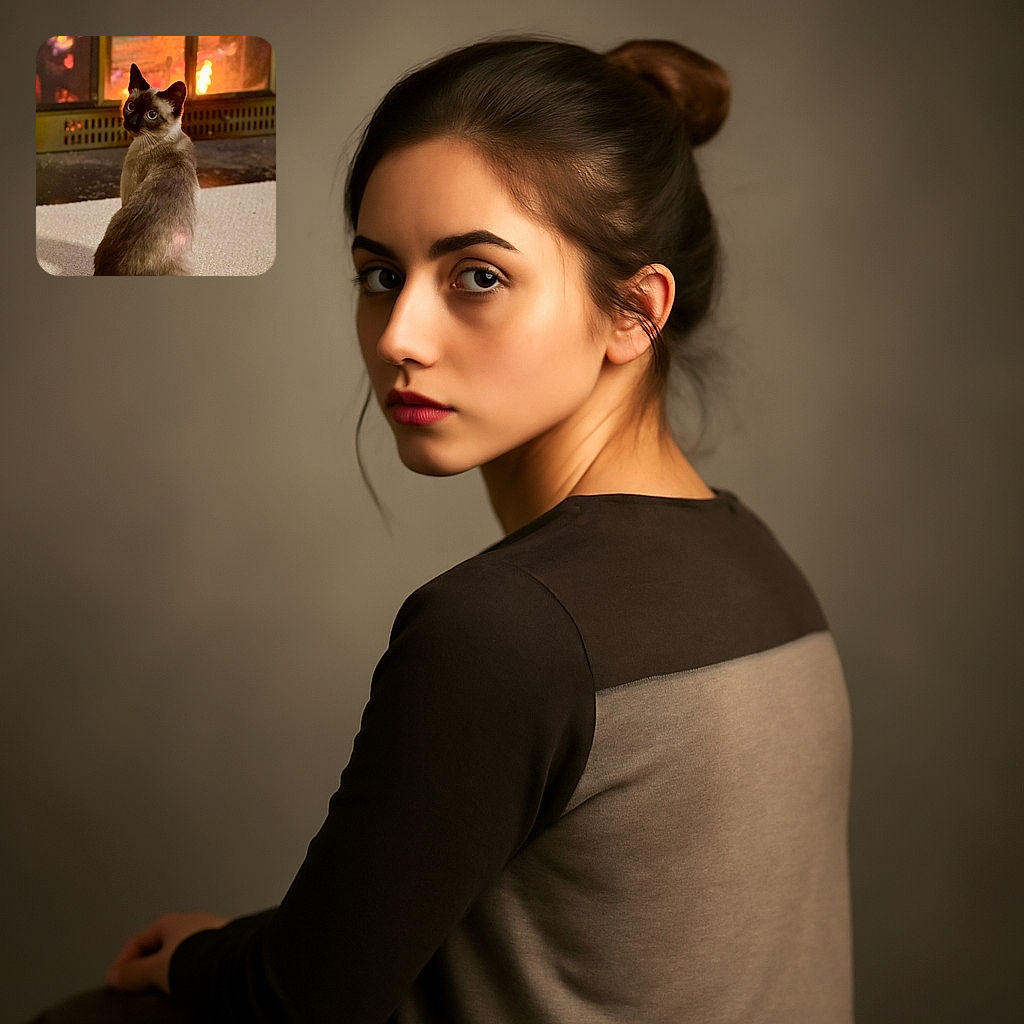 A charming Siamese cat sits on a cozy carpet, gazing back with big, curious eyes, warmed by the soft glow of a crackling fireplace in the background. The scene radiates comfort and tranquility, like the cat is contemplating the mysteries of life or just waiting for a treat.