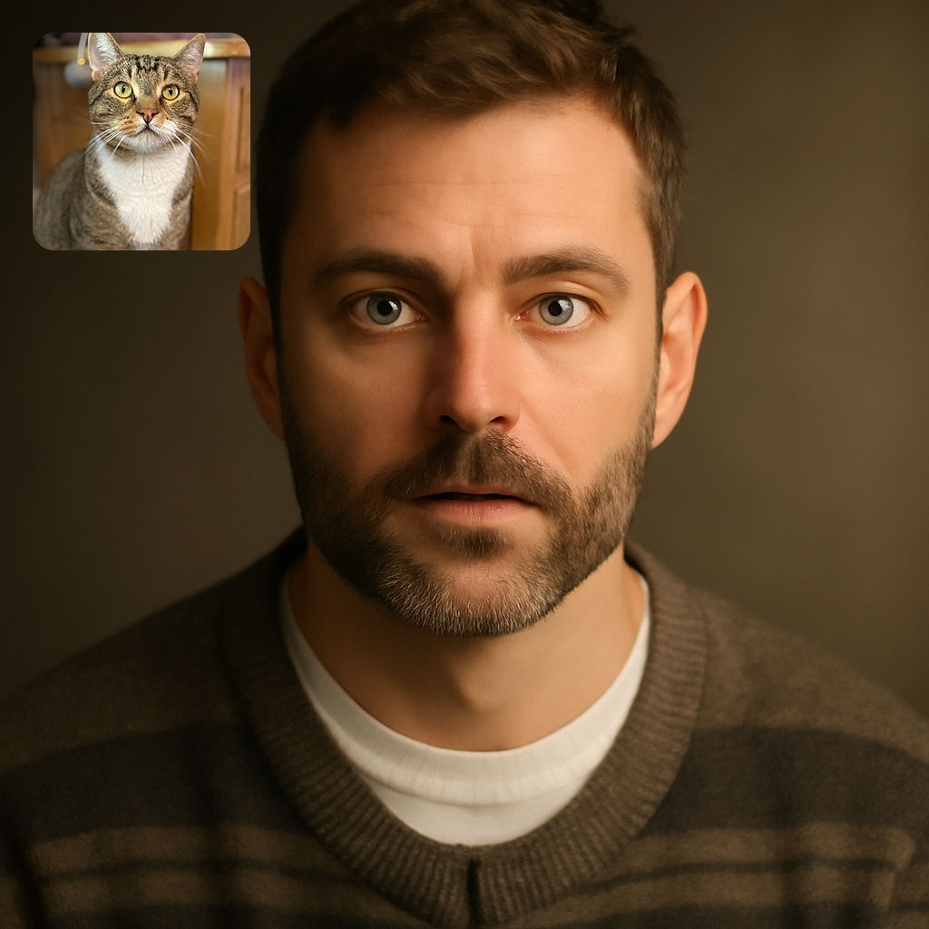 A close-up portrait of a curious tabby cat with striking green eyes and a white chest, sitting indoors with a softly blurred wooden background, giving it a warm and cozy vibe.