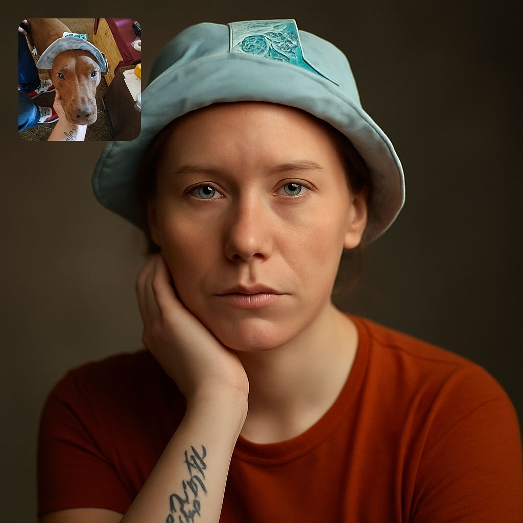 A brown dog wearing a cute fabric headband is being gently held by a tattooed hand, with a person in sneakers visible in the background on a carpeted floor inside a cozy room.