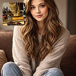 A fluffy tabby cat sits regally inside a shiny metal pan perched on a kitchen counter, looking wide-eyed and curious amidst a cozy, cluttered kitchen setting filled with vintage and decorative items.