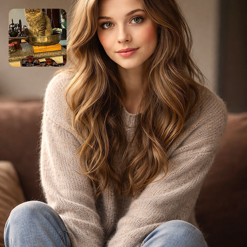 A fluffy tabby cat sits regally inside a shiny metal pan perched on a kitchen counter, looking wide-eyed and curious amidst a cozy, cluttered kitchen setting filled with vintage and decorative items.