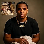 A charming dog sporting a sparkly bowtie necklace sits proudly on a patterned carpet, paws resting on a crumpled white towel, with a cozy dog bed and couch in the background. The photo captures a candid moment of canine elegance and indoor comfort.