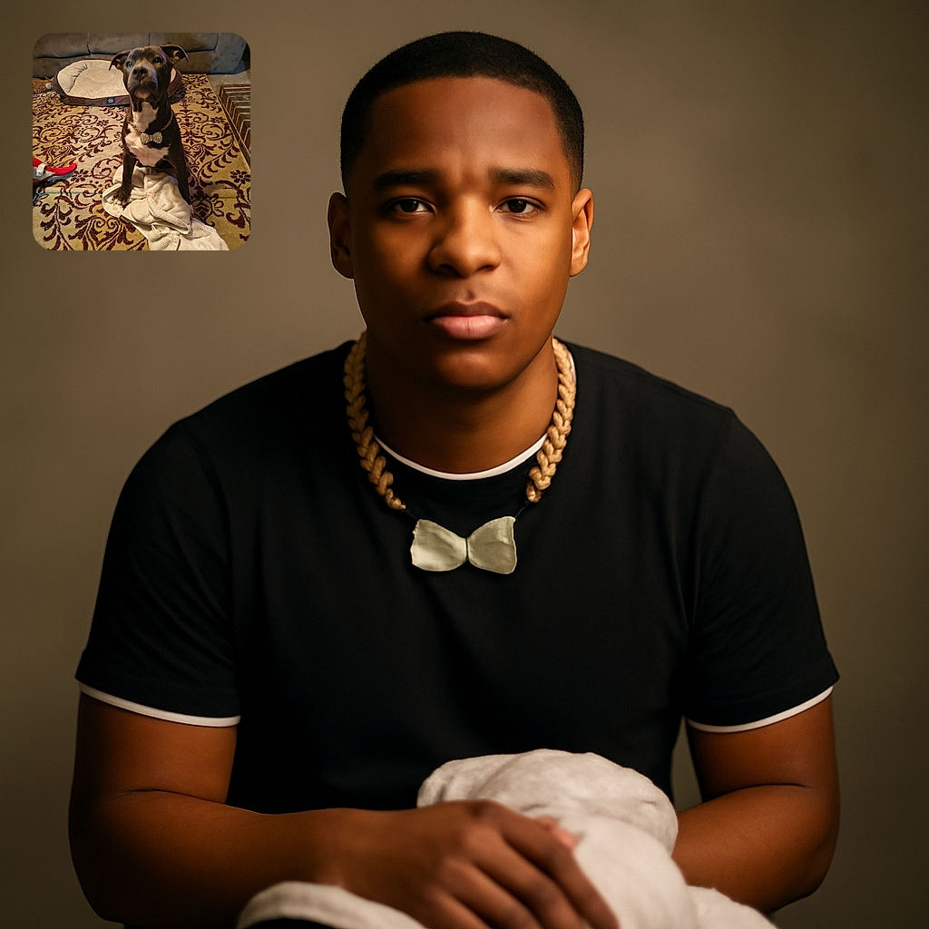 A charming dog sporting a sparkly bowtie necklace sits proudly on a patterned carpet, paws resting on a crumpled white towel, with a cozy dog bed and couch in the background. The photo captures a candid moment of canine elegance and indoor comfort.