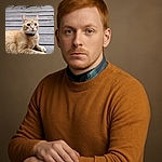 A curious ginger tabby cat with bright amber eyes lounges on a weathered wooden deck, wearing a blue collar and looking intently at something off-camera, surrounded by rustic outdoor elements.