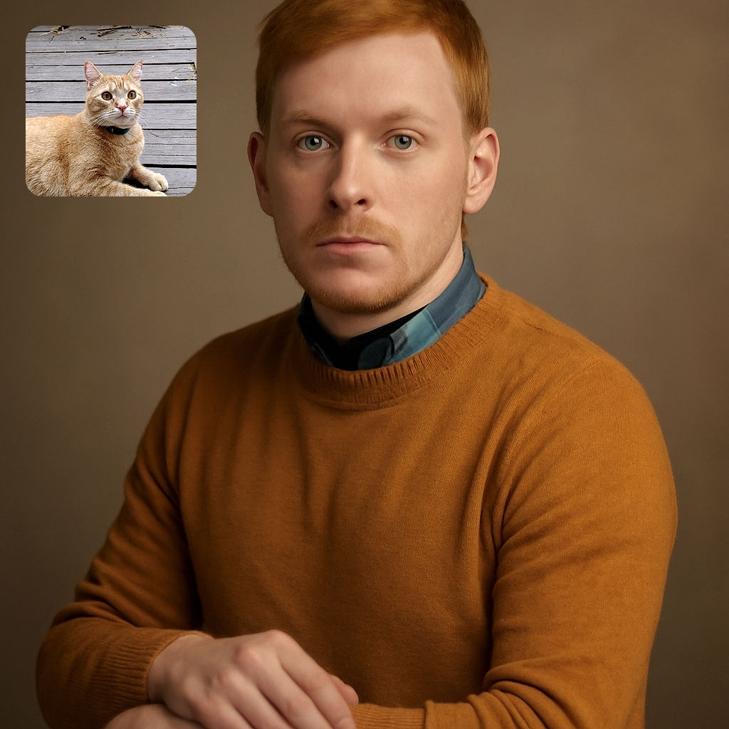 A curious ginger tabby cat with bright amber eyes lounges on a weathered wooden deck, wearing a blue collar and looking intently at something off-camera, surrounded by rustic outdoor elements.