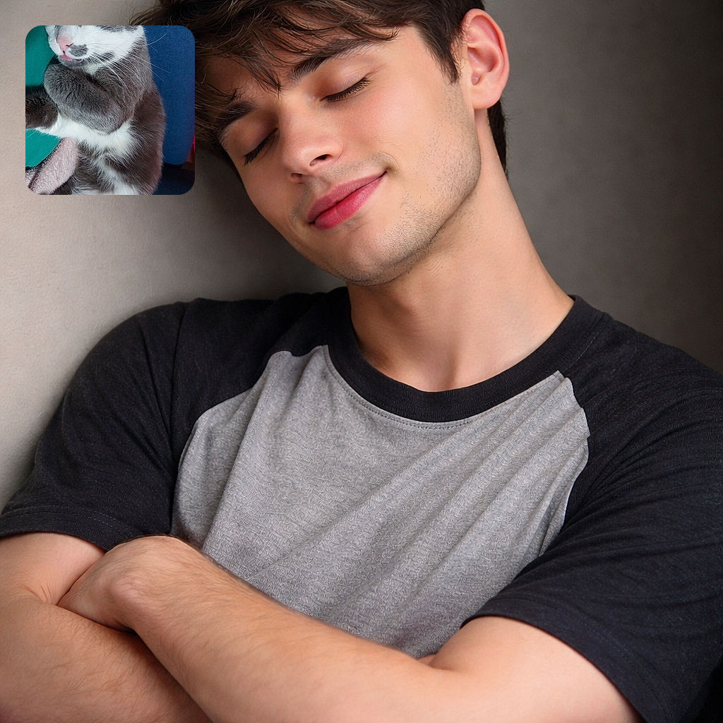 A blissed-out grey-and-white cat is dozing with its tiny pink tongue peeking out, paws curled like a furry croissant against teal and navy fabrics — a cozy nap portrait that screams 'do not disturb (unless you bring treats)'.