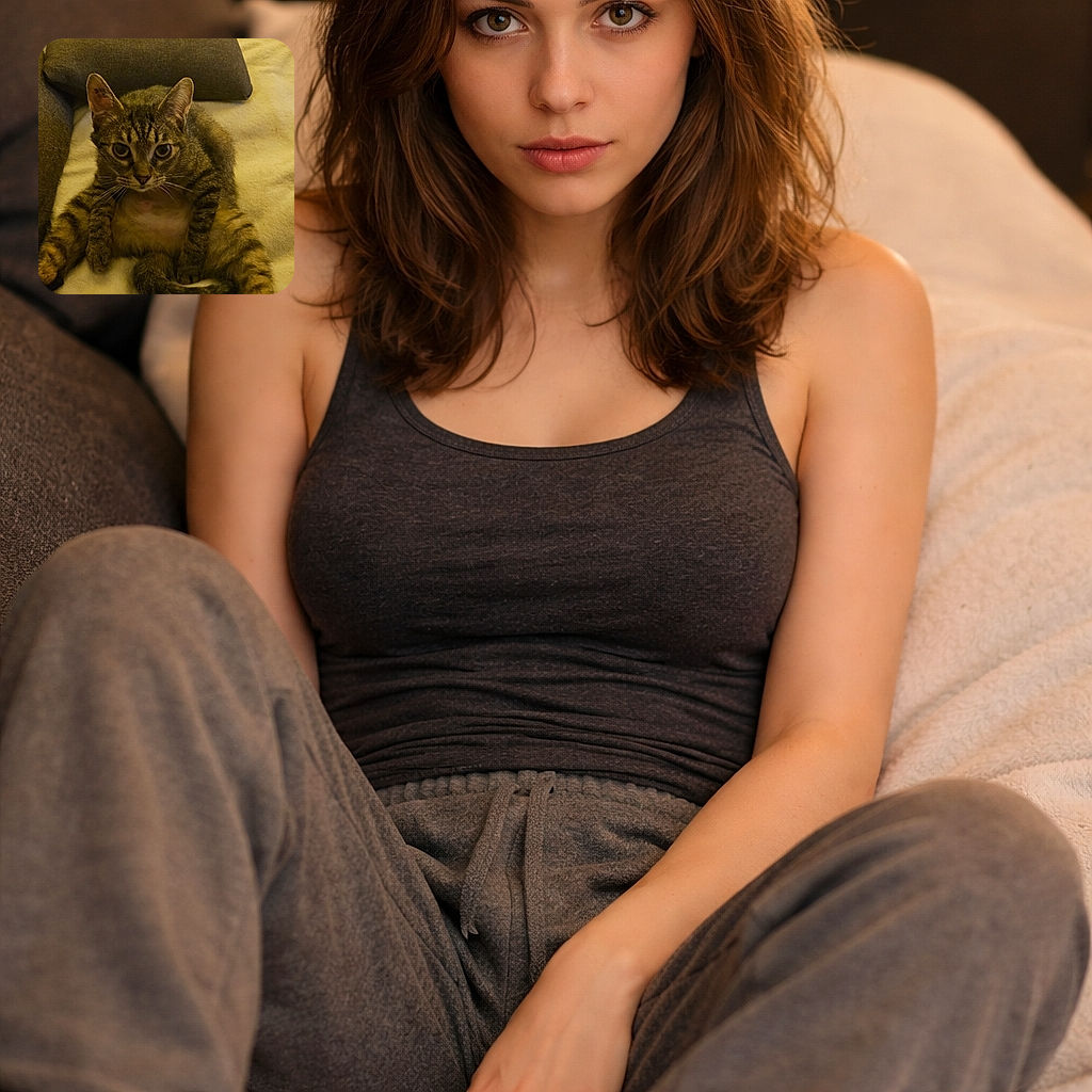 A tabby cat sits with legs akimbo on a pale blanket between couch cushions, giving a wide-eyed, mildly judgmental stare as if caught mid-complaint — cozy living room vibe with warm yellow lighting.