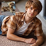 A fluffy, adorable small dog lounges comfortably on a textured carpet, gazing curiously with soulful eyes. The soft lighting highlights the dog's wavy fur, while the background is gently blurred to keep the focus on this charming canine companion.
