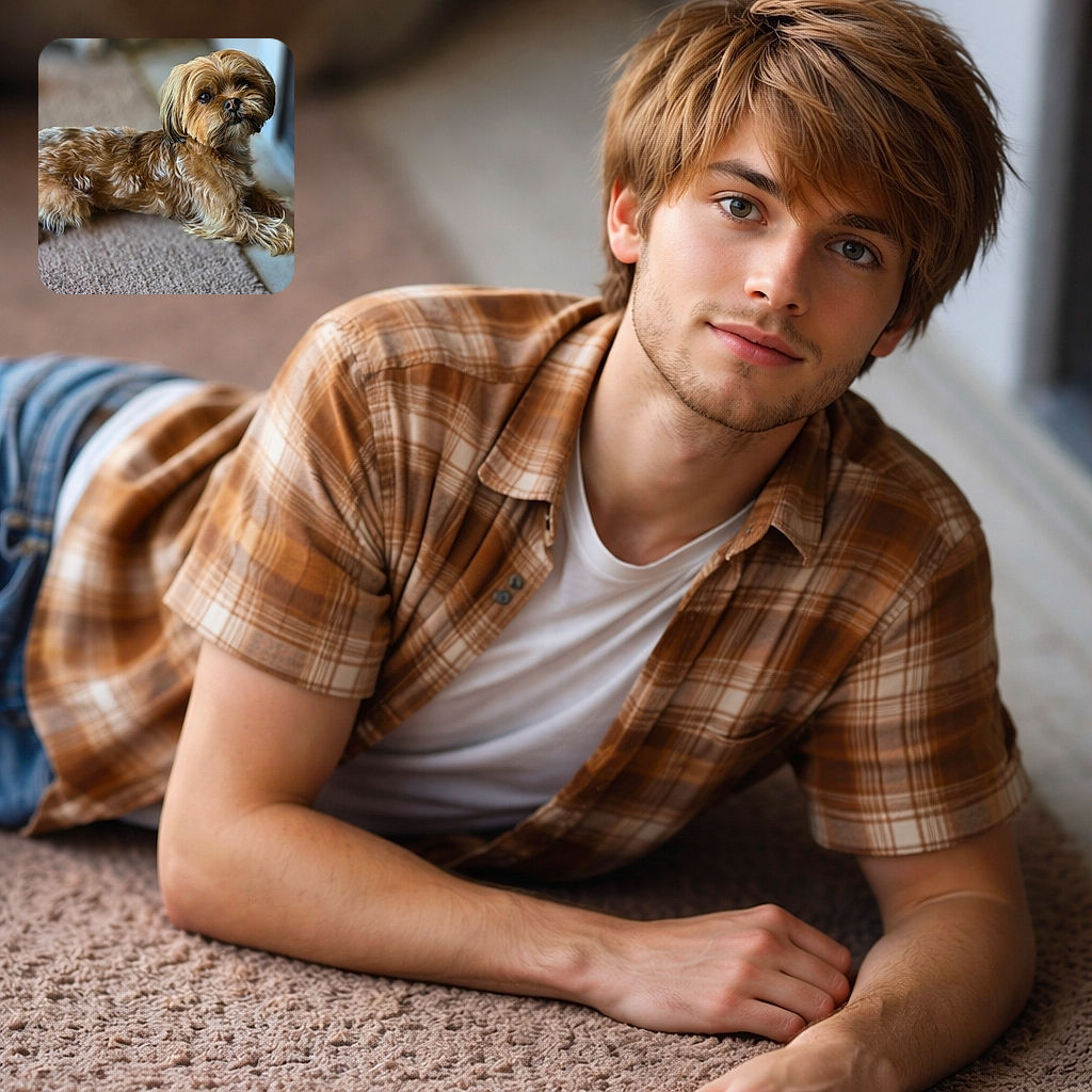 A fluffy, adorable small dog lounges comfortably on a textured carpet, gazing curiously with soulful eyes. The soft lighting highlights the dog's wavy fur, while the background is gently blurred to keep the focus on this charming canine companion.