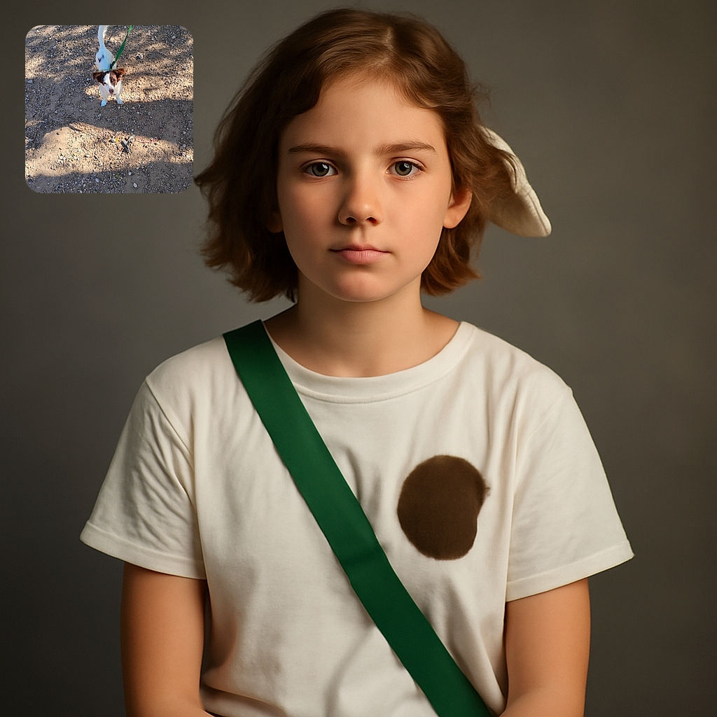 A small dog with a white and brown coat stands on a rocky dirt ground, looking up with curiosity. The green leash is taut, suggesting the dog is ready for a walk or adventure. Shadows from nearby trees or structures create a patterned effect on the ground, adding texture to the scene.