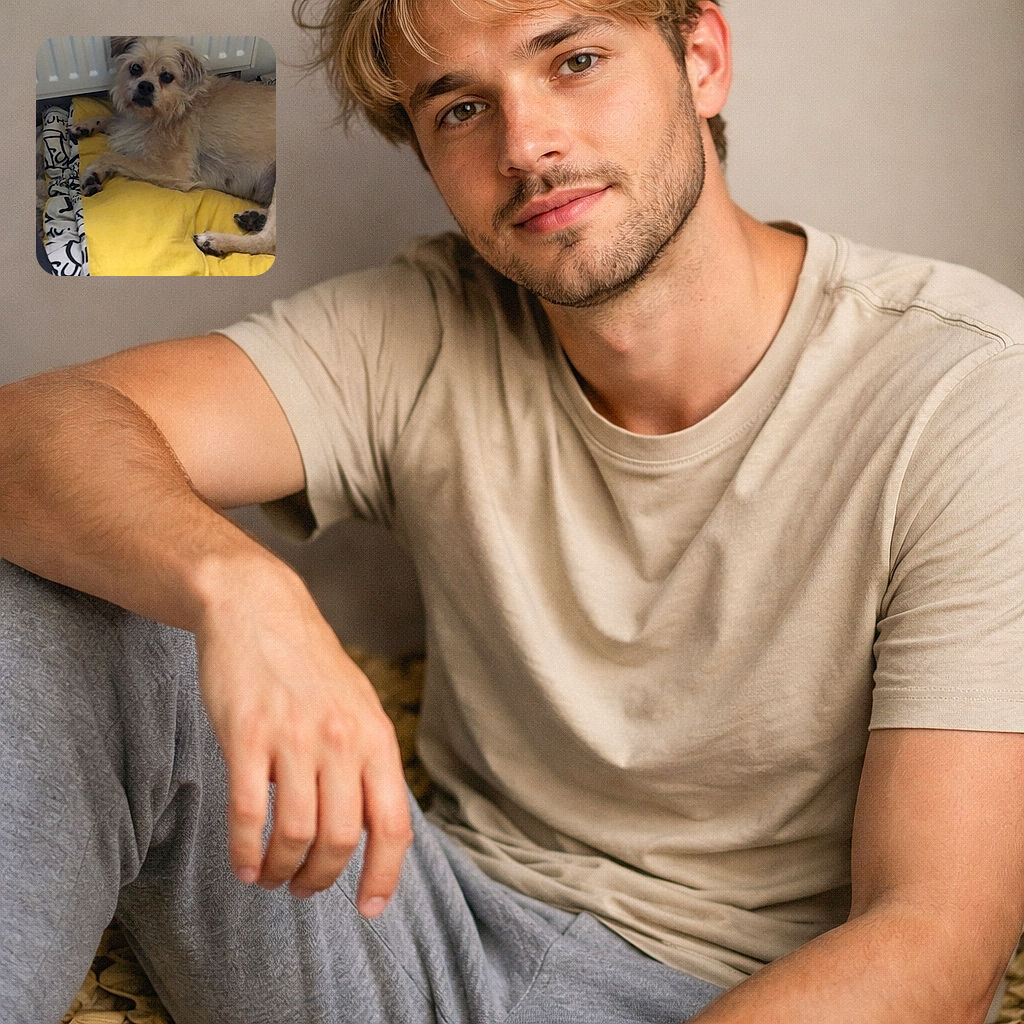 A scruffy little dog is sprawled on a bright yellow cushion under a radiator, giving a weary, melodramatic stare like it just remembered breakfast exists — paws relaxed, fur tousled, and absolutely owning the cozy spot.