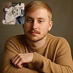 A cozy cream-colored cat lounges on a brown couch, looking relaxed and slightly curious. Behind the cat, twinkling Christmas lights decorate a green tree, adding a festive glow. Nearby, a bag of trail mix peeks into the frame, hinting at a comfy holiday setting.