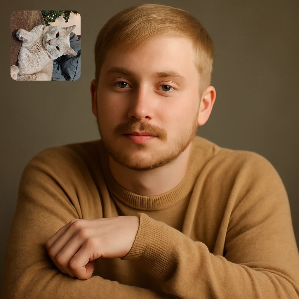 A cozy cream-colored cat lounges on a brown couch, looking relaxed and slightly curious. Behind the cat, twinkling Christmas lights decorate a green tree, adding a festive glow. Nearby, a bag of trail mix peeks into the frame, hinting at a comfy holiday setting.