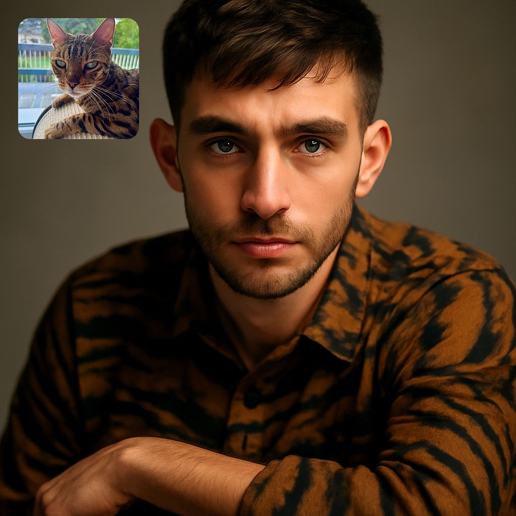A close-up portrait of a majestic Bengal cat lounging on a textured surface by a window, with a serene outdoor background of greenery and a balcony railing, showcasing its striking patterned fur and intense gaze.