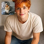 A curious orange tabby cat is standing between the legs of a person wearing dog-themed pajama pants, looking up with wide eyes as if expecting a treat. The background shows a cozy indoor carpeted room with some pet toys and a rumpled blanket.