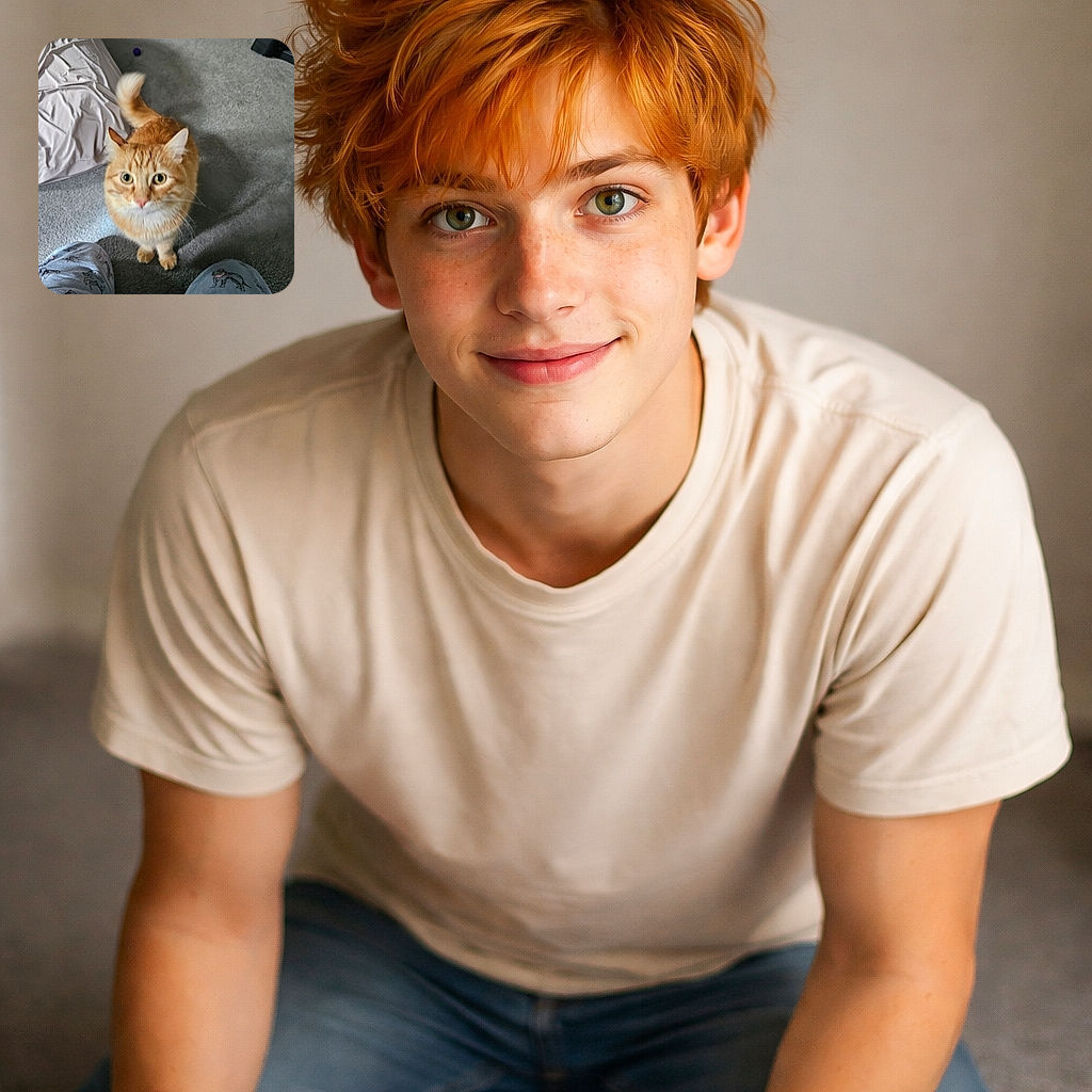 A curious orange tabby cat is standing between the legs of a person wearing dog-themed pajama pants, looking up with wide eyes as if expecting a treat. The background shows a cozy indoor carpeted room with some pet toys and a rumpled blanket.