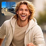 A cheerful golden retriever is trotting down a sunny street with a bright blue sky overhead, casting a long shadow on the rough pavement, while a silver car is parked beside a modern building, making it look like the dog is on a casual urban adventure.