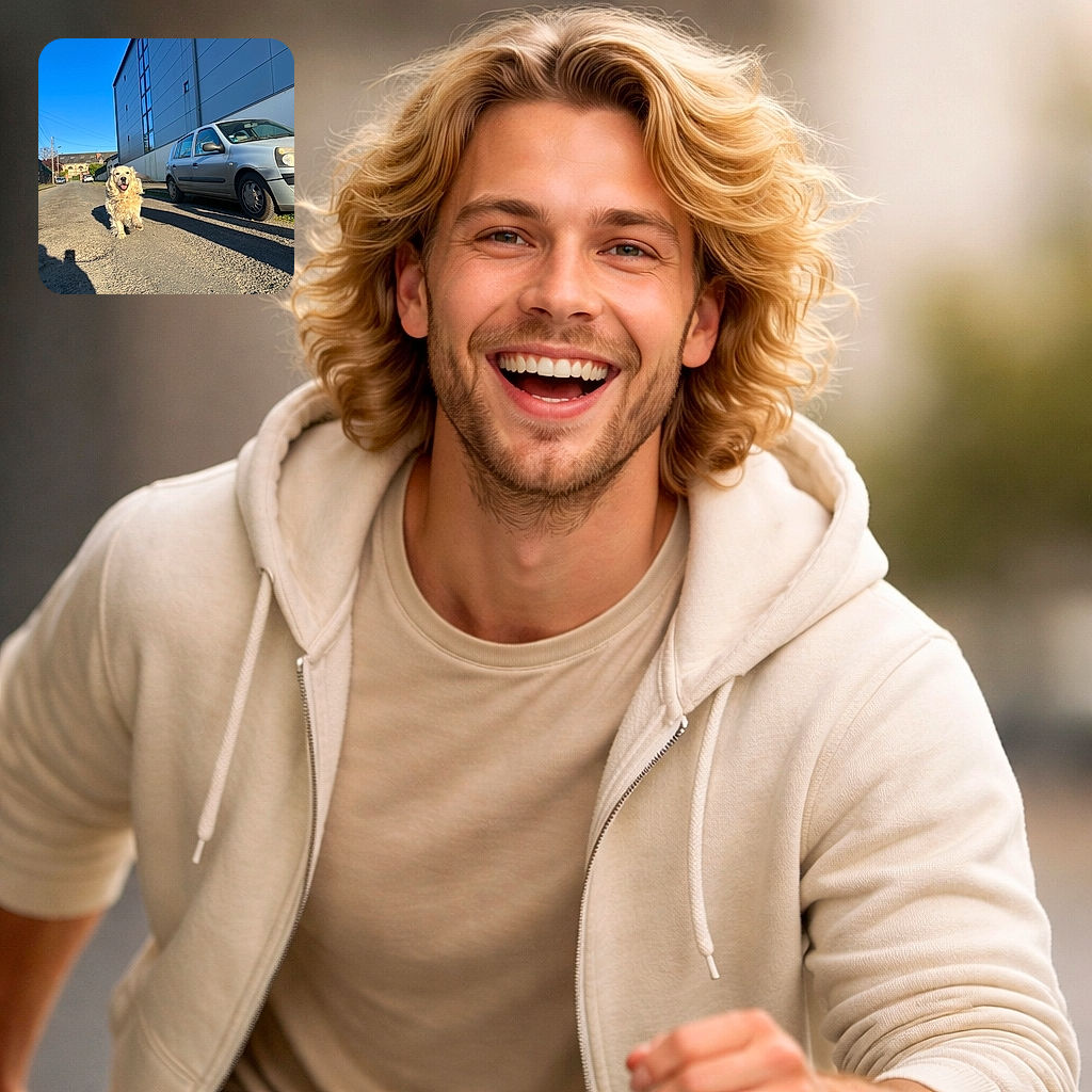 A cheerful golden retriever is trotting down a sunny street with a bright blue sky overhead, casting a long shadow on the rough pavement, while a silver car is parked beside a modern building, making it look like the dog is on a casual urban adventure.