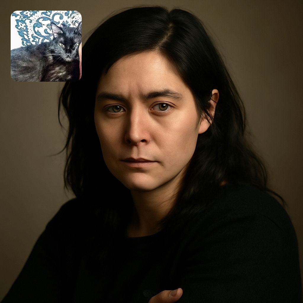 A blurry close-up photo of a black cat resting against a patterned background, with the cat's face partially obscured and lacking sharp focus.