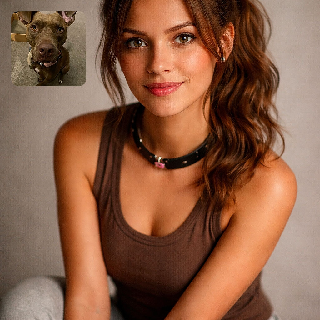 A big-nosed brown dog stares up with pleading golden eyes and one ear half-turned — nose nearly fills the frame like it's demanding a boop, sitting on a carpet with a cardboard box peeking at the side.