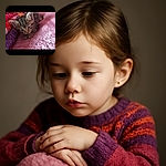 A cozy little tabby kitten is nestled on a soft pink textured blanket next to a colorful crocheted throw, looking adorably sleepy and content.