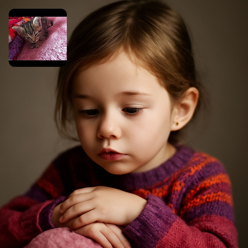 A cozy little tabby kitten is nestled on a soft pink textured blanket next to a colorful crocheted throw, looking adorably sleepy and content.