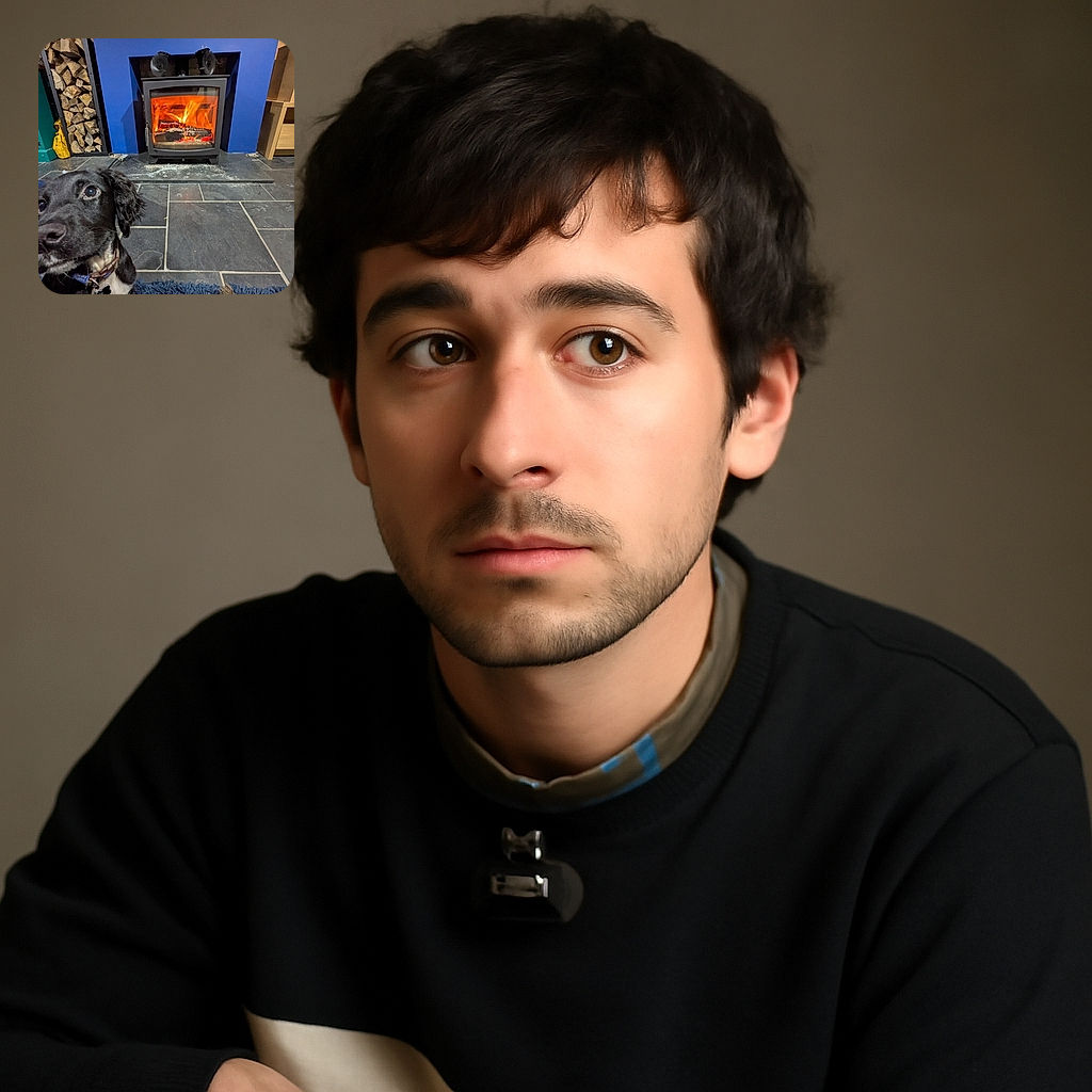 A curious black and white dog with a collar tags along the bottom left corner, gazing slightly off camera. Behind, a cozy wood-burning stove blazes warmly, framed by a vibrant blue wall and stacked firewood, creating a snug and inviting atmosphere.