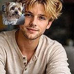A fluffy tiny dog stares into the camera like it's auditioning for a soap-opera close-up — majestic whiskers, button nose, and a dramatic mane that says "treats, please." Background hints at a cozy living room; the pup owns the frame.