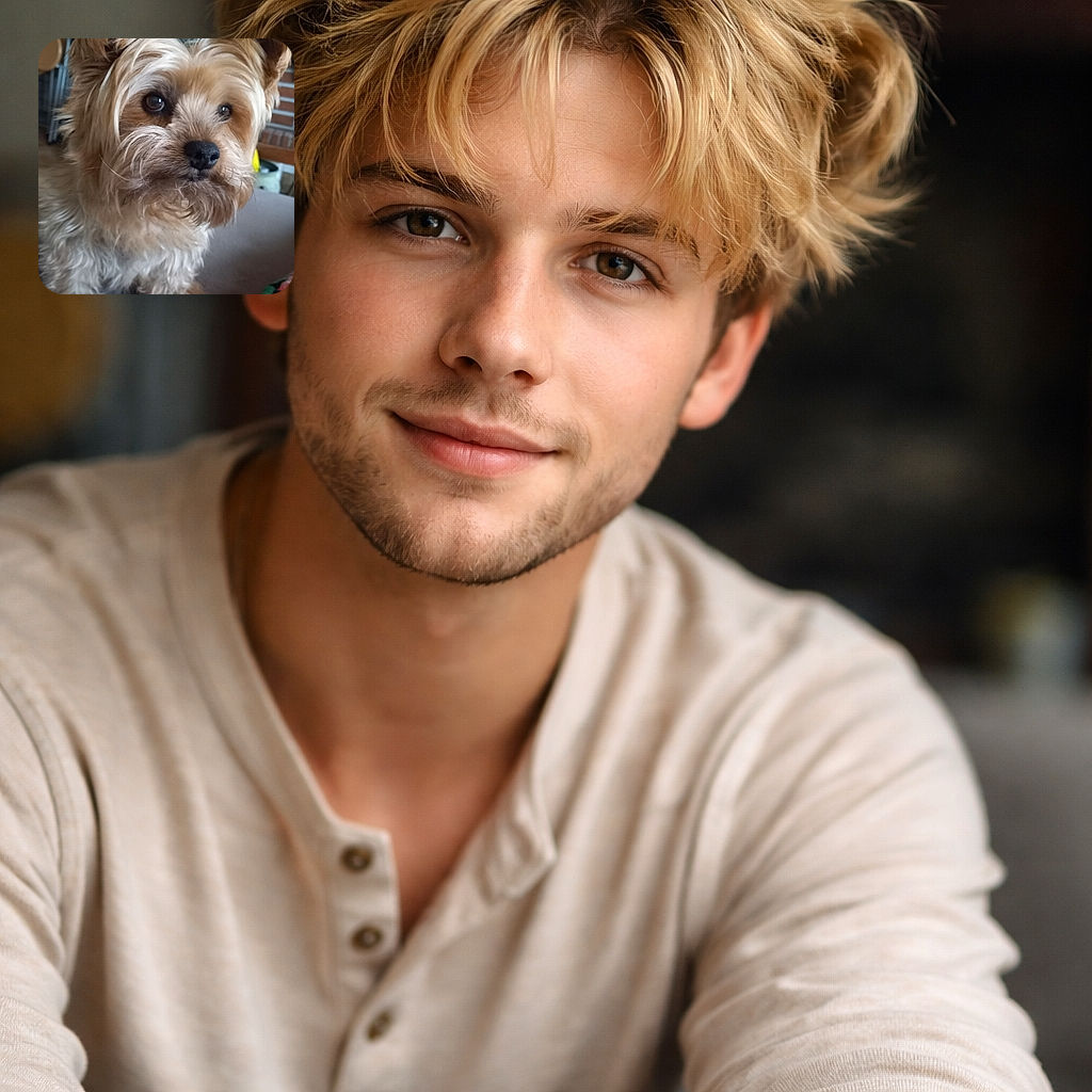 A fluffy tiny dog stares into the camera like it's auditioning for a soap-opera close-up — majestic whiskers, button nose, and a dramatic mane that says "treats, please." Background hints at a cozy living room; the pup owns the frame.
