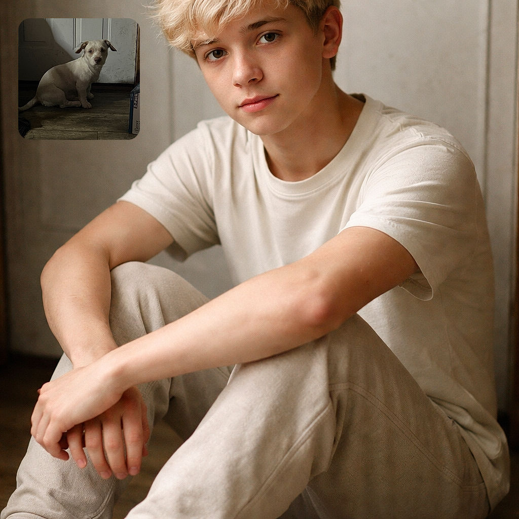 A small light-colored dog sits quietly on a wooden floor in front of a white door, casting a shadow on the wall. The lighting is dim, giving the scene a moody atmosphere, while a box and some objects are partially visible on the right and left edges.