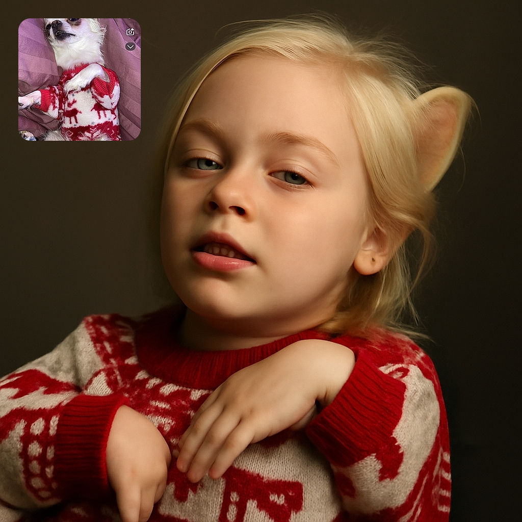 A small white dog dressed in a cozy red and white holiday sweater lies comfortably on a purple blanket. The dog looks relaxed with a slightly amused expression, as if posing for a festive photo. The image has Snapchat interface elements overlaid, including text and icons.