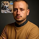 A close-up shot of a small tan dog with soulful dark eyes, resting comfortably on a soft, fluffy blanket with a cozy indoor background. The dog's attentive gaze and detailed fur texture make the photo warm and inviting.