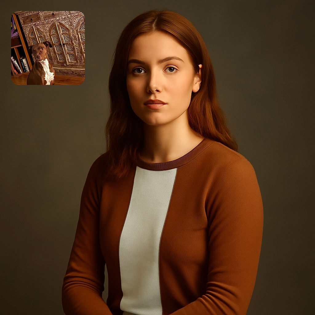 A well-composed photo of a brown dog with a white chest sitting on a fluffy rug in front of an intricately carved wooden cabinet. The warm tones of the wood floor and furniture complement the dog's rich coat, creating a cozy indoor scene.