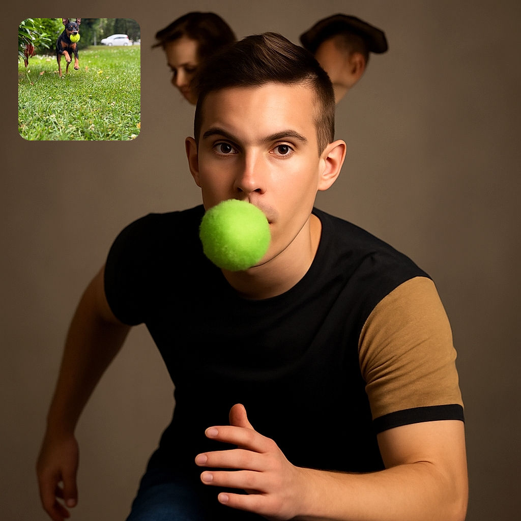 A lively dog dashes through a lush green lawn with a bright yellow tennis ball clenched proudly in its mouth, ears perked up like tiny radar dishes, while a blurred white car and leafy bushes form a tranquil suburban backdrop.