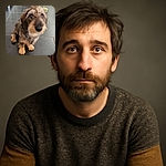 A charming wire-haired dachshund sitting patiently on a tiled floor, with big soulful eyes that could melt anyone's heart, looking up as if waiting for a treat or a belly rub.