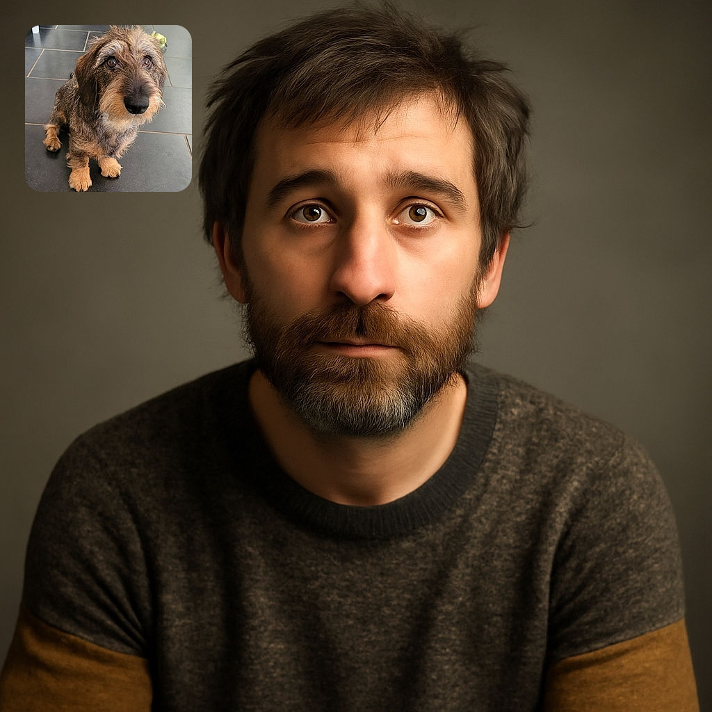 A charming wire-haired dachshund sitting patiently on a tiled floor, with big soulful eyes that could melt anyone's heart, looking up as if waiting for a treat or a belly rub.