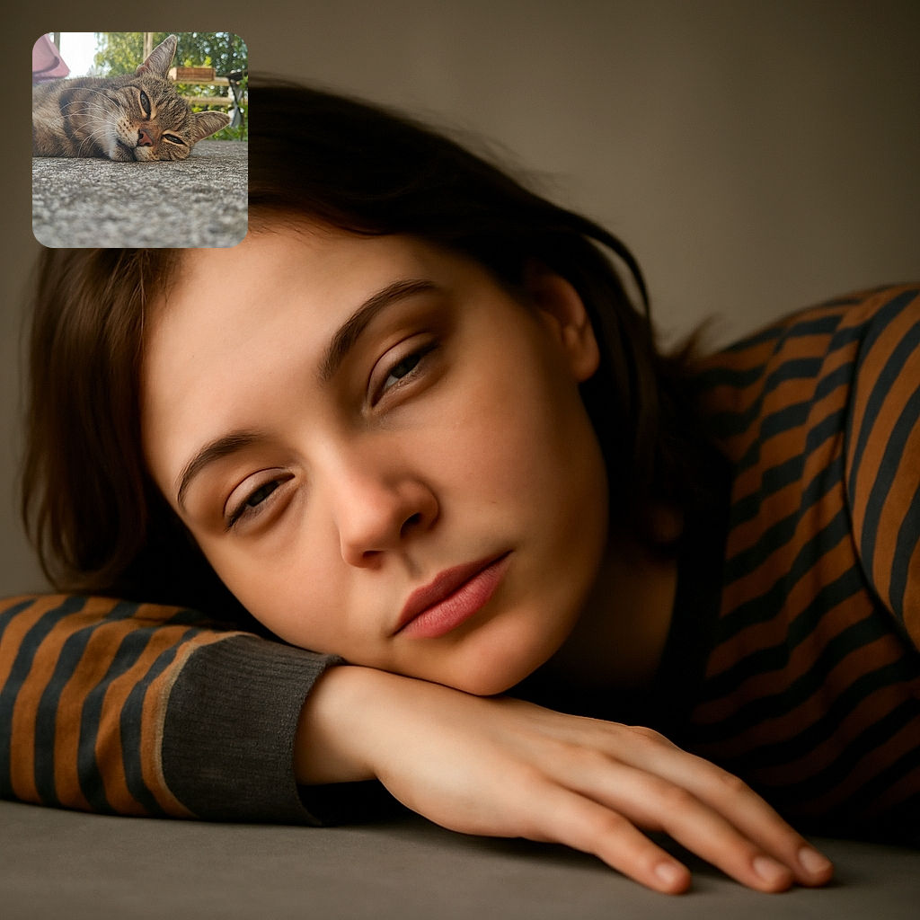 A close-up of a relaxed tabby cat lying on a textured stone surface, eyes half-closed in a sleepy, contented expression, with a softly blurred garden background and warm natural light.