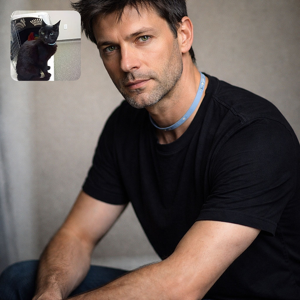 A dignified black cat giving a slow side-eye while perched on a vet table next to its travel carrier, wearing a collar and looking like it’s silently judging your life choices.