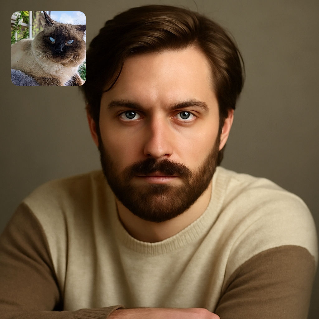 A majestic fluffy cat with striking blue eyes lounges comfortably on a soft gray bed, with a lush green garden softly blurred in the background, capturing a serene and cozy moment.