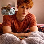 A regal orange tabby cat lounges on a colorful bedspread, basking in the warm sunlight streaming through the window. The cozy gray blanket in the foreground adds a soft texture contrast, making the scene feel like a perfect lazy afternoon.