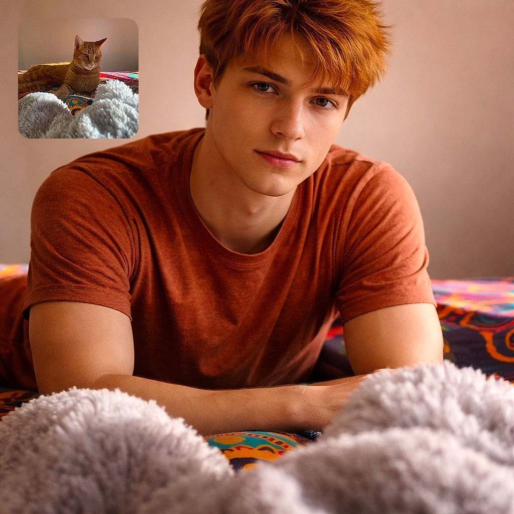 A regal orange tabby cat lounges on a colorful bedspread, basking in the warm sunlight streaming through the window. The cozy gray blanket in the foreground adds a soft texture contrast, making the scene feel like a perfect lazy afternoon.
