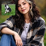 A lively Border Collie puppy with a striking black and white coat joyfully bounds through a lush green field, with a couple of horses grazing peacefully in the blurred background, capturing the essence of countryside playtime.
