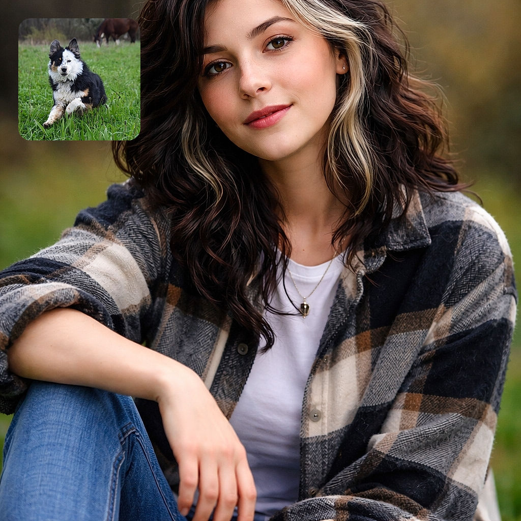 A lively Border Collie puppy with a striking black and white coat joyfully bounds through a lush green field, with a couple of horses grazing peacefully in the blurred background, capturing the essence of countryside playtime.