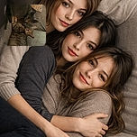 Three cozy cats snuggled together on a couch, blending their fur patterns into a warm patchwork of tabby and gray, looking content and perfectly at home in their plush feline fortress.