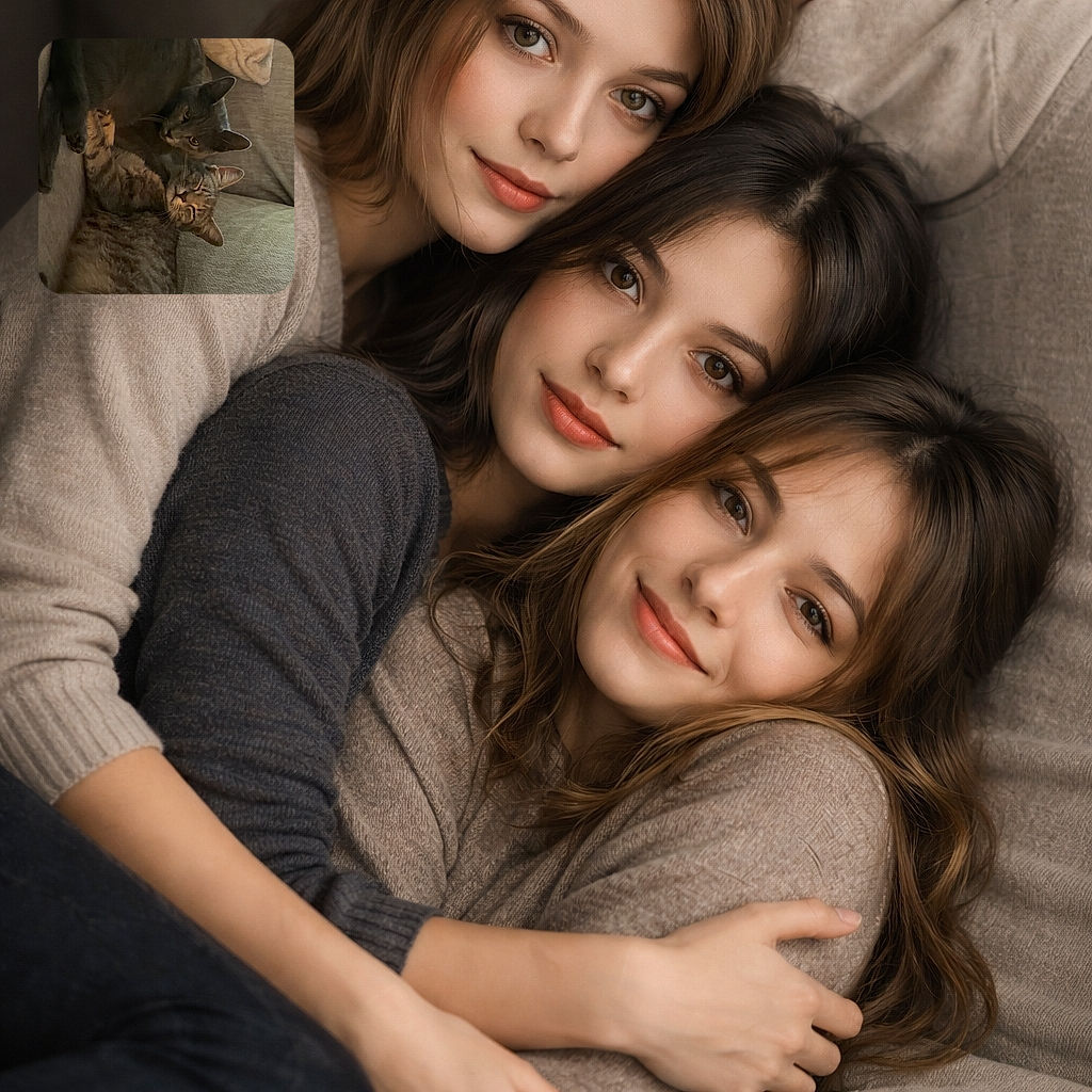 Three cozy cats snuggled together on a couch, blending their fur patterns into a warm patchwork of tabby and gray, looking content and perfectly at home in their plush feline fortress.
